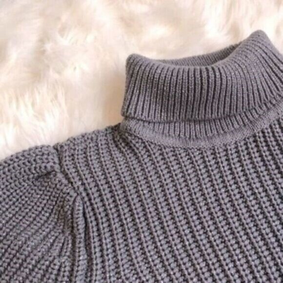 Alfani Pop of Grey Turtleneck Sweater Metallic Long Puff Sleeve Chunky 1X NEW - Picture 3 of 12
